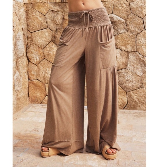 Solid Tan Stretchy Waist Pockets Wide Leg Lounge Pants S M L XL